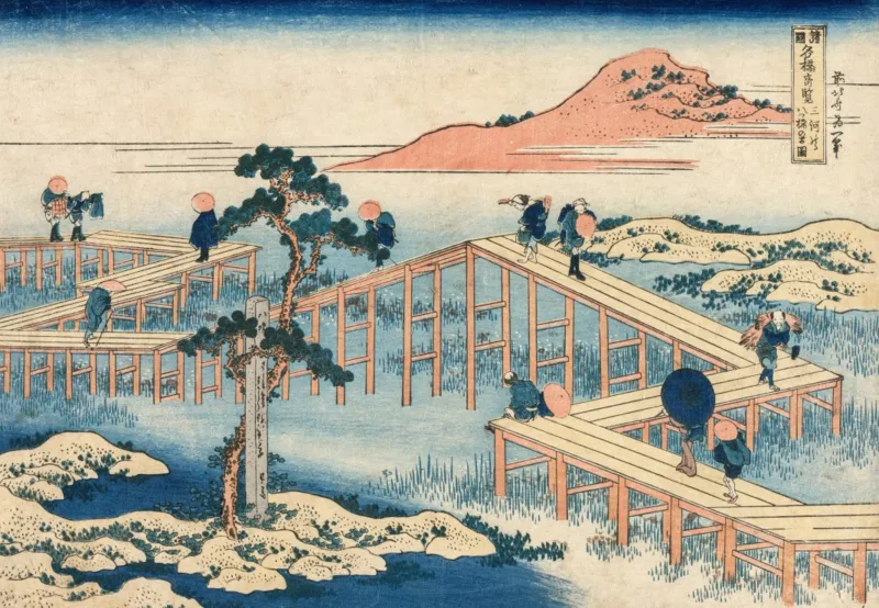 Hokusai - Ein Altes Bild der Achtteiligen Brücke in der Provinz Mikawa