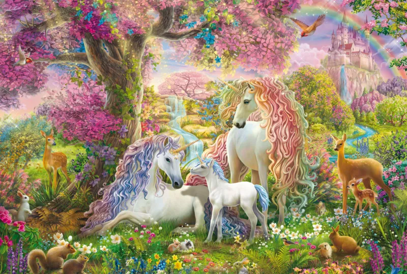 Einhornfamilie im Blütenwald
